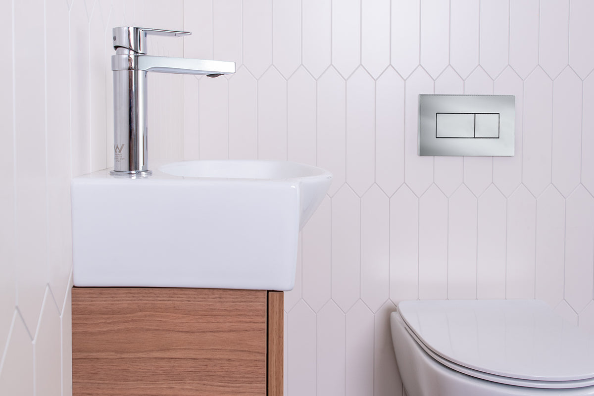 Tiny Semi-Recessed Vanity - Semi-Recessed ceramic basin