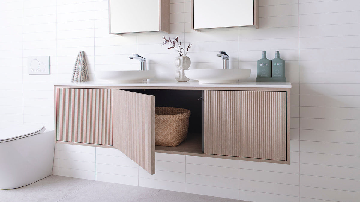 Clifton Wall Hung Vanity, Push-To-Open door with premium graphite interior