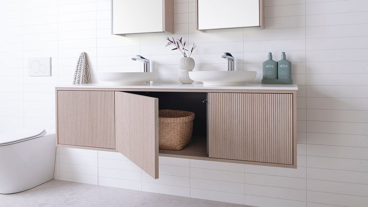Clifton Wall Hung Vanity, Push-To-Open door with premium graphite interior