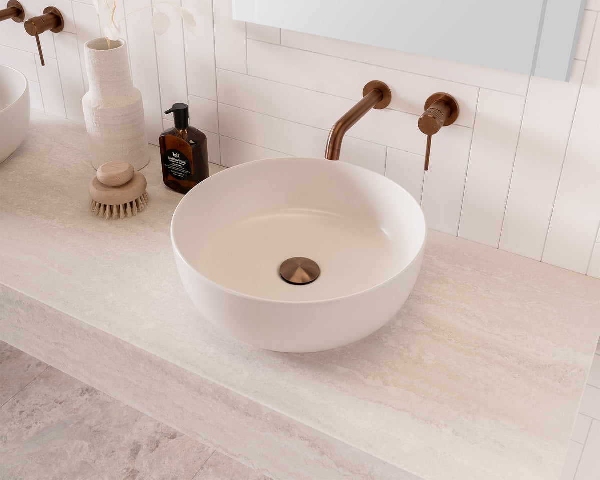 Michel Wall Hung Vanity - Michel 1800 Double Bowl. Grey Travertine Cherry Pie Benchtop. Glam Round Above-Counter Basins and Soul Tapware in Brushed Copper