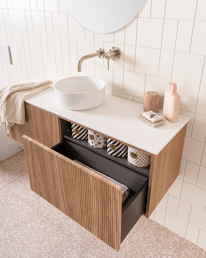 Clifton Ensuite Wall Hung Vanity - ADP Deluxe push-to-open drawers in graphite with internal storage shelf (removable)