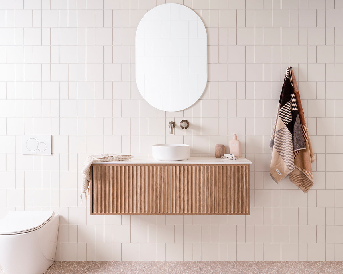 Clifton Ensuite Wall Hung Vanity - Clifton Ensuite 1200 Centre Bowl, Prime Oak Woodmatt textured cabinet finish, 12mm Bright White Cherry Pie benchtop