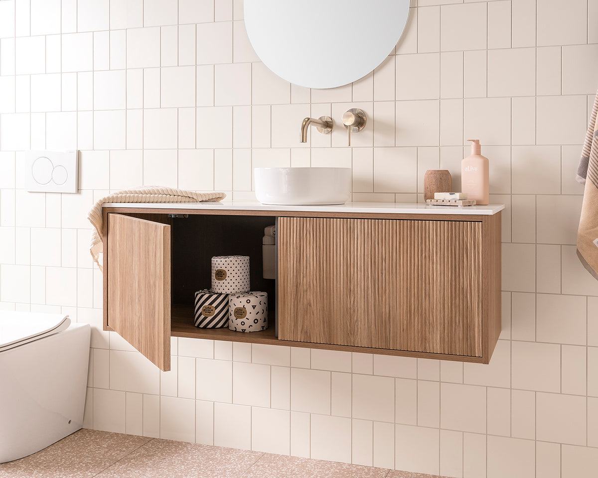 Clifton Ensuite Wall Hung Vanity - Push-to-open door with premium graphite interior