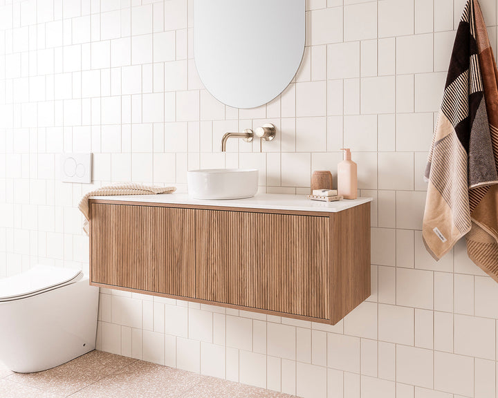 Clifton Ensuite Wall Hung Vanity, 390mm depth, Maggie above-counter basin