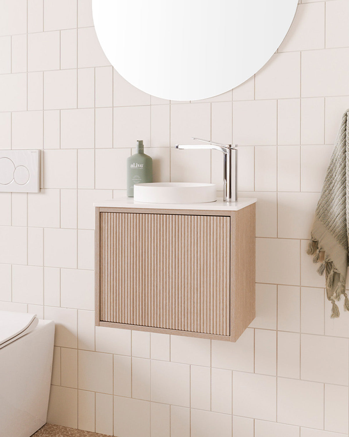 Clifton Mini Wall Hung Vanity - Clifton Mini Coastal Oak Woodmatt textured cabinet finish, 12mm Bright White Cherry Pie benchtop, Matte White Joy Basin (included)