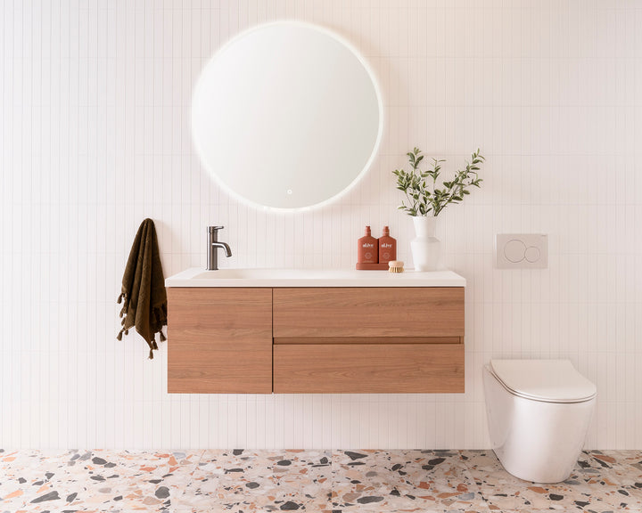 Drift Wall Hung Vanity - Drift 1200 Left Hand Offset Bowl. Tasmanian Oak Woodmatt textured cabinet finish, Solid Surface Top
