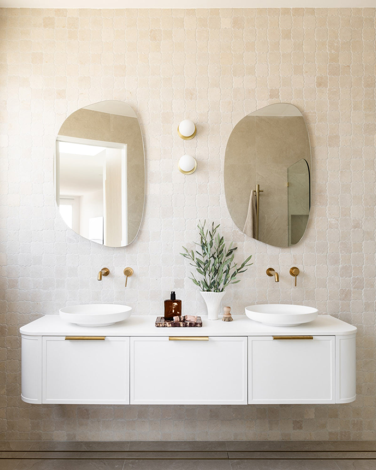 Flo Wall Hung Vanity - Flo 1800 Double Bowl, Ultra White cabinet finish, Bright White Cherry Pie benchtop, Francis Handles Brushed Brass &amp; Flume Above Counter basins (x2). Organic Mirrored Cabinet, Amaro Silk Matte