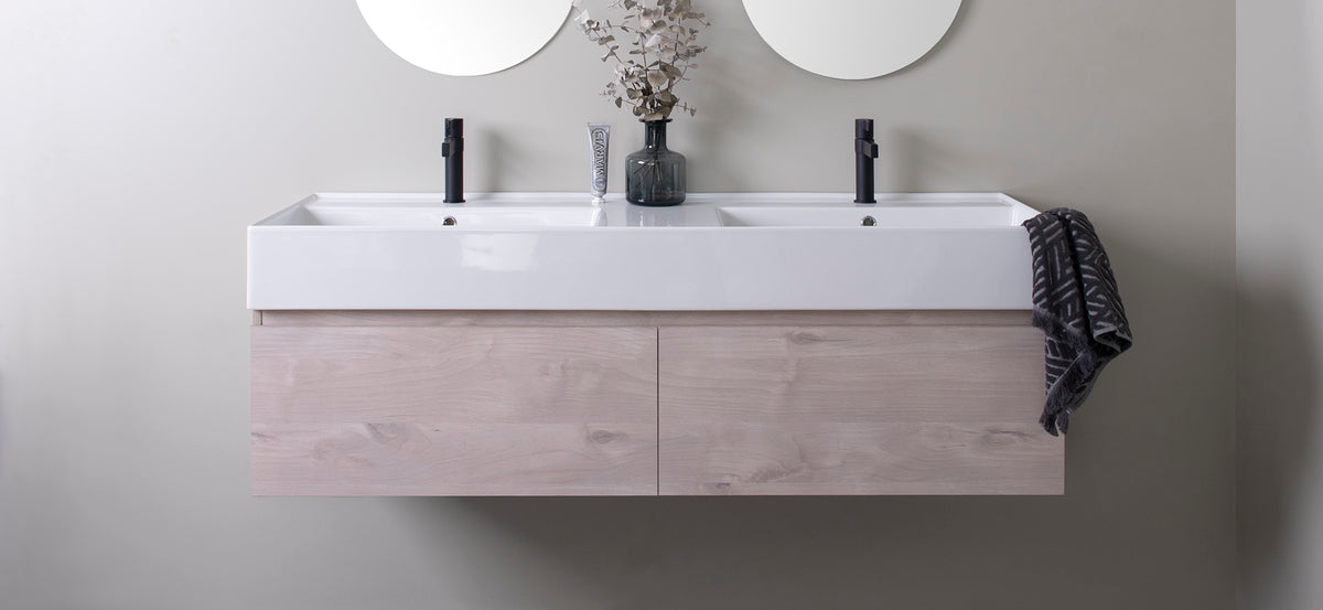 Capri Wall Hung Vanity - Capri 1400 Double Bowl, Angora Oak Woodmatt cabinet finish