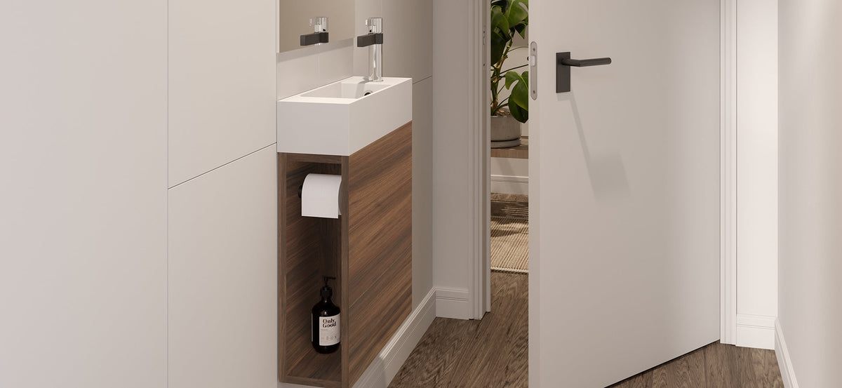 Allie Vanity, Allie Wall Hung. Aged Walnut Chalk textured cabinet finish, Matte White top