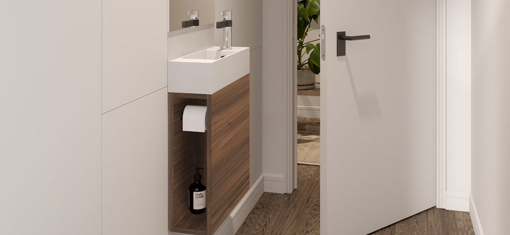 Allie Vanity, Allie Wall Hung. Aged Walnut Chalk textured cabinet finish, Matte White top