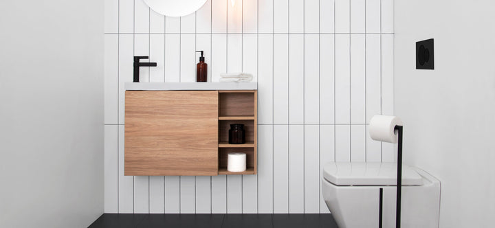 Petite Shelf Vanity, Petite Shelf Wall Hung. Prime Oak Woodmatt textured cabinet finish