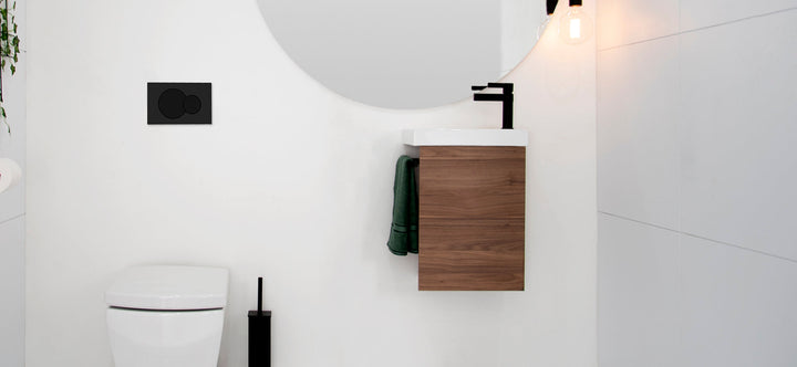 Seek Gloss White Top Wall Hung Vanity, Seek, Notaio Walnut Ravine textured cabinet finish, White ceramic top, Matte Black Hand Towel Ring