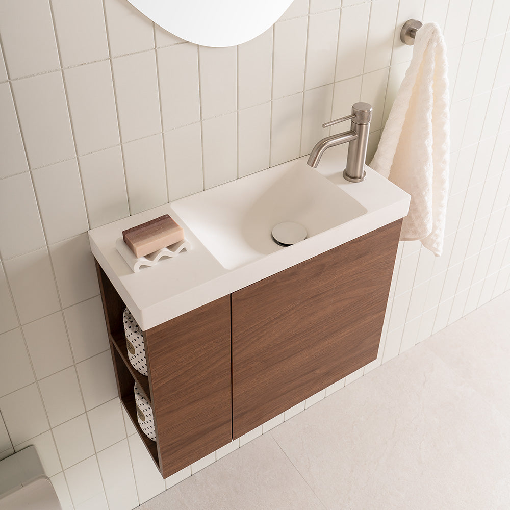 Drift Mini Wall Hung Vanity - Drift Mini Right Hand Offset Bowl. Florentine Walnut textured cabinet finish, Solid Surface Top