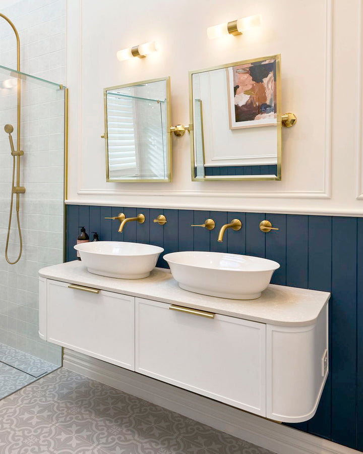 Flo Wall Hung Vanity - Flo Vanity Double Bowl, Ultra White with Brushed Brass Francis handles. As featured on the TV series &