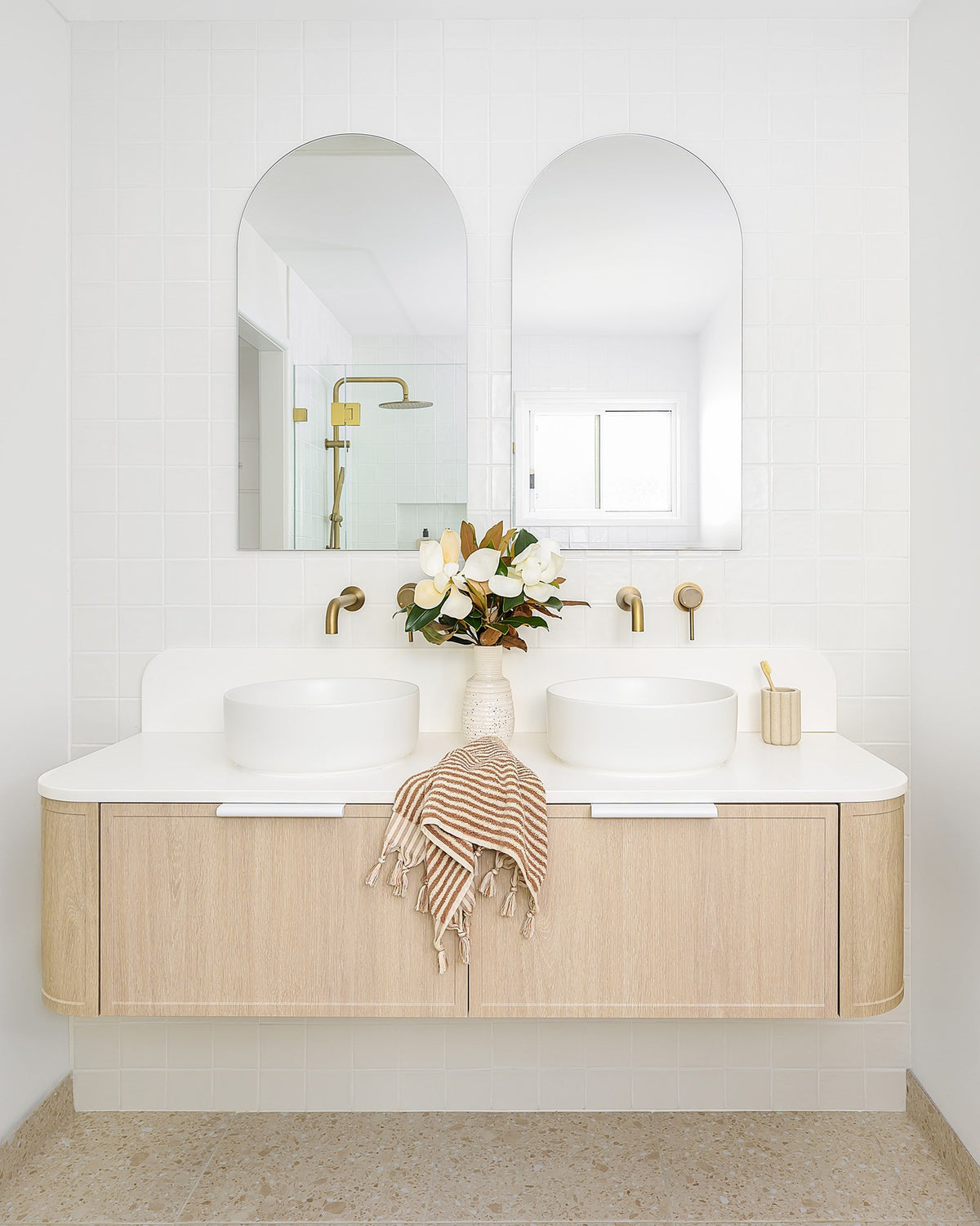 Flo Wall Hung Vanity - Flo 1500 Double Bowl, Coastal Oak, Bright White Cherry Pie benchtop. Matte White Francis Handles. Margot Above Counter Basins, Matte White