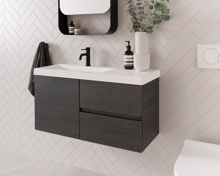 Drift Ensuite Wall Hung Vanity - Drift 900 Left Hand Offset Bowl. Estella Oak textured cabinet finish, Solid Surface Top