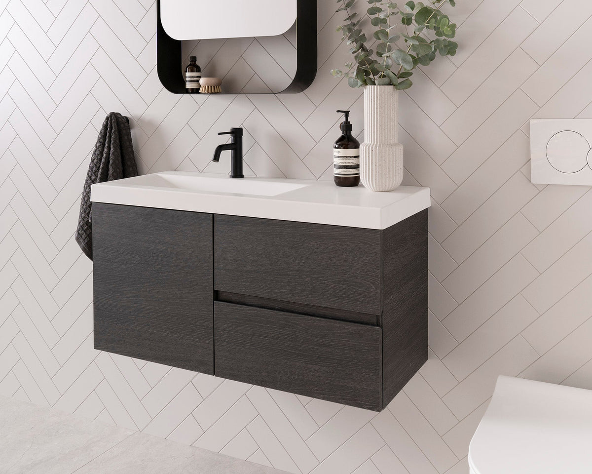 Drift Ensuite Wall Hung Vanity, Drift 900 Left Hand Offset Bowl. Estella Oak textured cabinet finish, Solid Surface Top