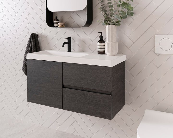 Drift Ensuite Wall Hung Vanity, Drift 900 Left Hand Offset Bowl. Estella Oak textured cabinet finish, Solid Surface Top