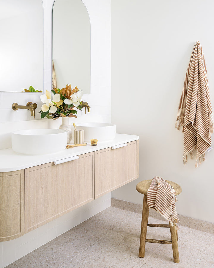 Flo Wall Hung Vanity - Flo 1500 Double Bowl, Coastal Oak, Bright White Cherry Pie benchtop. Matte White Francis Handles. Margot Above Counter Basins, Matte White
