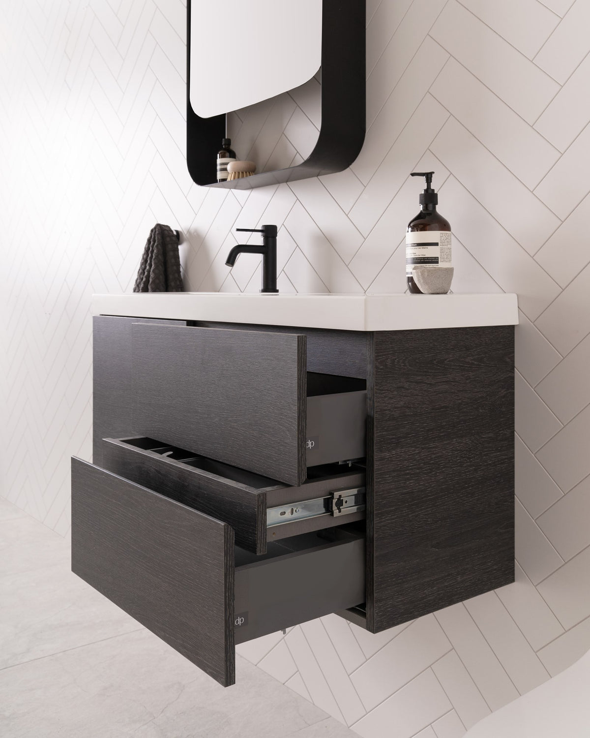Drift Ensuite Wall Hung Vanity - ADP Deluxe drawers in graphite and bevel-grip finger pull