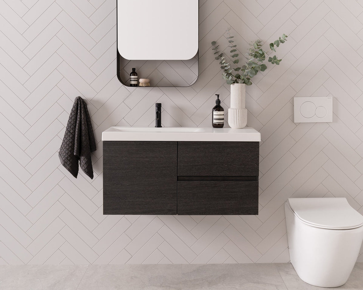 Drift Ensuite Wall Hung Vanity, Drift 900 Left Hand Offset Bowl. Estella Oak textured cabinet finish, Solid Surface Top
