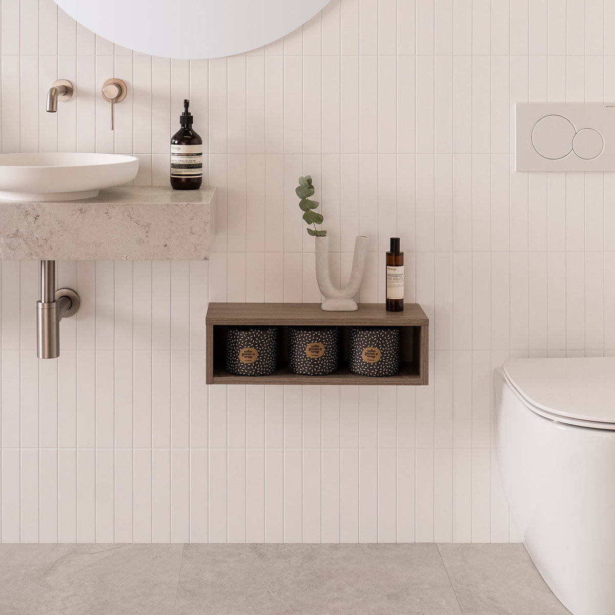 Michel Mini Wall Hung Vanity, Optional Michel Mini Open Shelf in Antico Oak Woodmatt textured cabinet finish