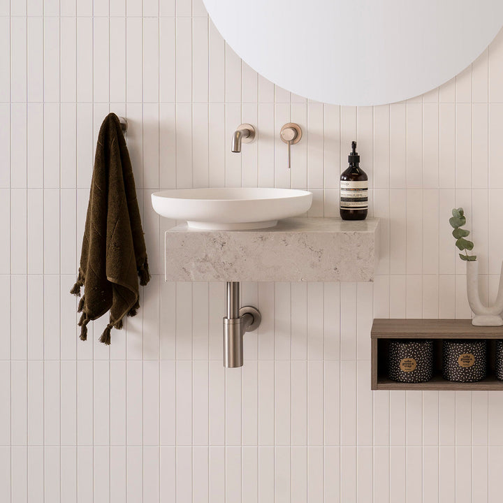Michel Mini Wall Hung Vanity, Michel Mini Vanity. Waterloo Bottletrap in Brushed Nickel