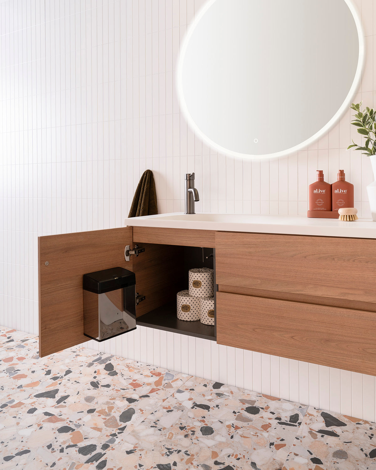 Drift Wall Hung Vanity - Push-to-open door with 3L bin