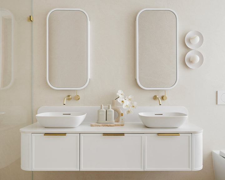 Flo Wall Hung Vanity - Flo 1800 Double Bowl, Ultra White, Alabaster Cherry Pie benchtop. Brushed Brass Francis Handles. Quinn Mirrored Cabinets, Ultra White