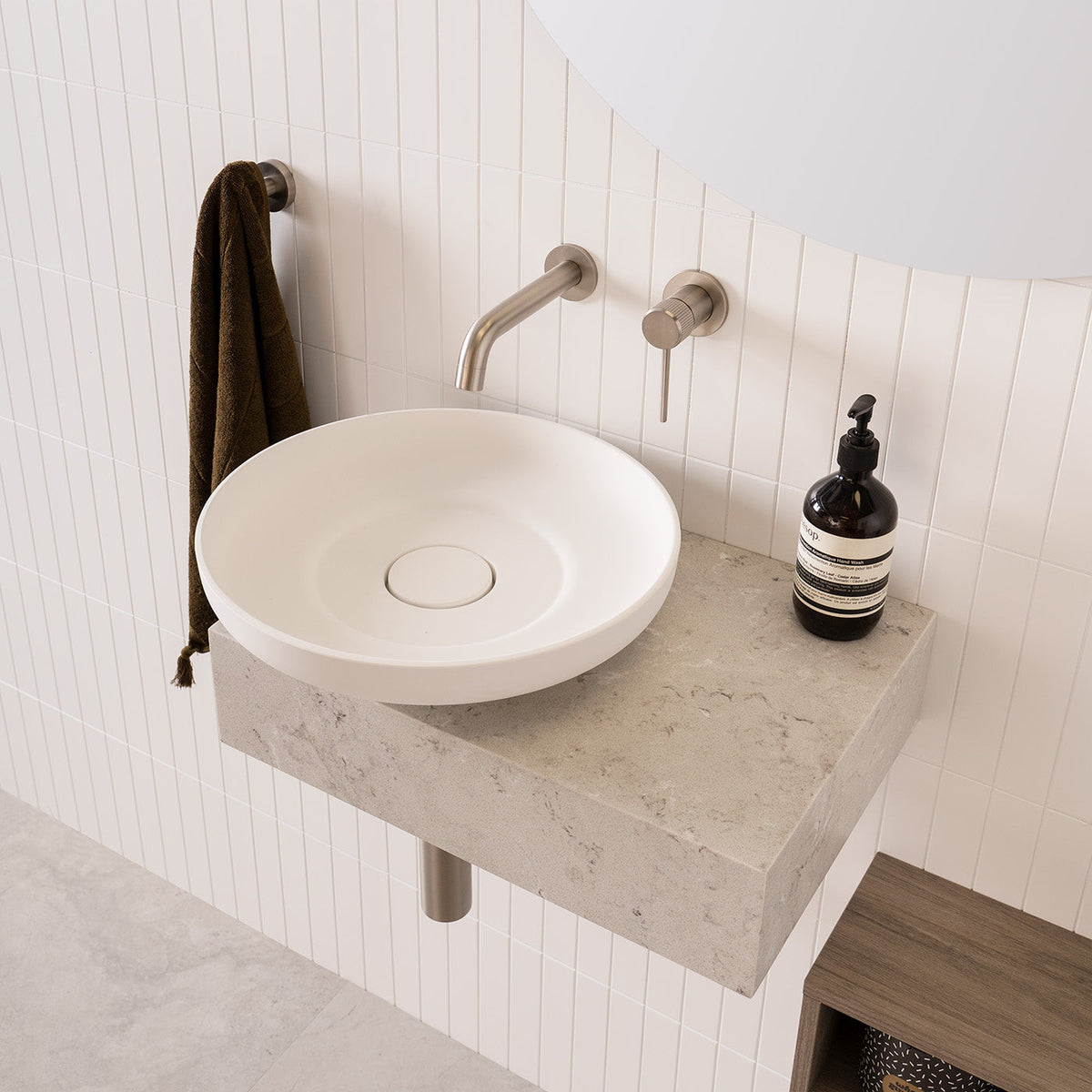 Michel Mini Wall Hung Vanity, Michel Mini Vanity, Flume Basin and Soul Tapware in Brushed Nickel