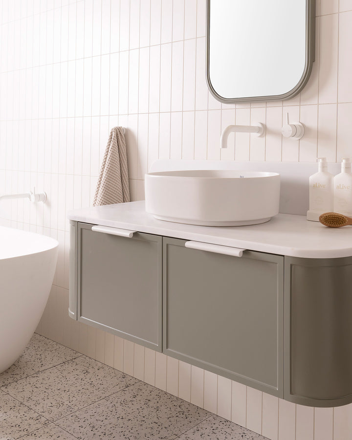 Flo Wall Hung Vanity - Flo 1200 Centre Bowl, Topiary, Carrera Cherry Pie benchtop. Matte White Francis Handles. Quinn Mirrored Cabinet, Topiary