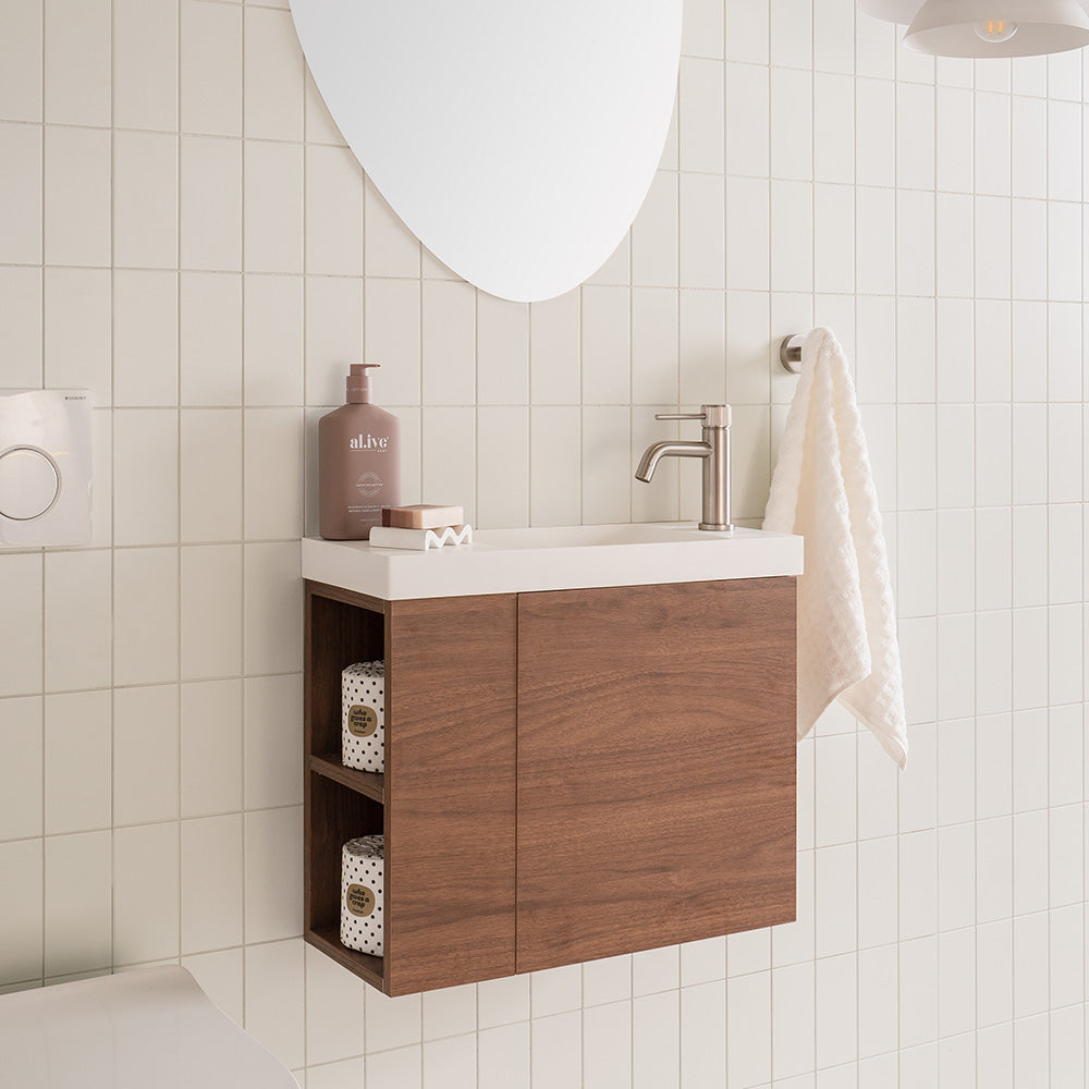 Drift Mini Wall Hung Vanity - Drift Mini Right Hand Offset Bowl. Open side access shelves