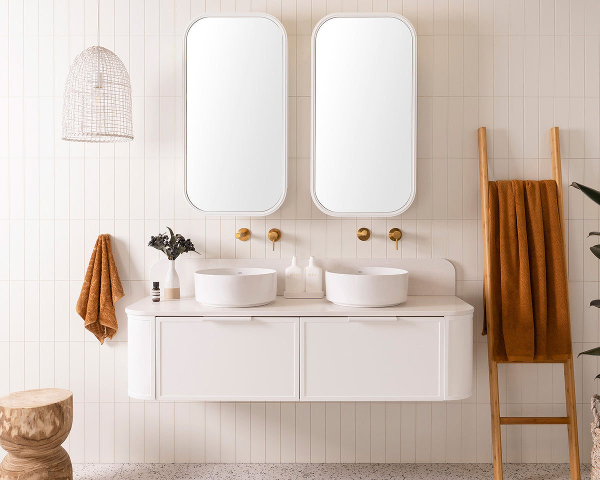 Flo Wall Hung Vanity - Flo 1500 Double Bowl, Ultra White with Matte White Francis handles