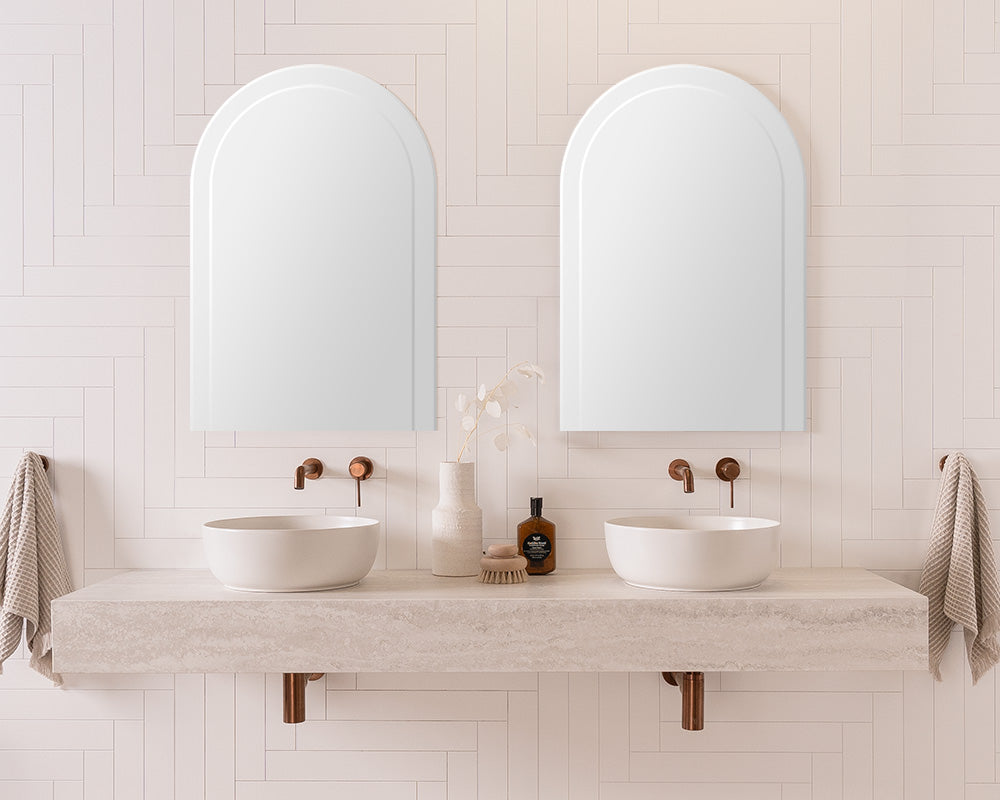 Michel Wall Hung Vanity - Michel 1800 Double Bowl. Grey Travertine Cherry Pie Benchtop. Glam Round Above-Counter Basins, Arch Overlay Mirrors and Soul Tapware in Brushed Copper