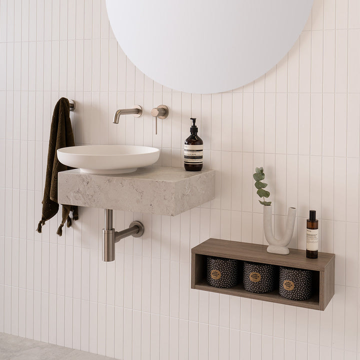 Michel Mini Wall Hung Vanity, Michel Mini Vanity and Michel Mini Open Shelf. Tempest Taupe Cherry Pie benchtop finish. Flume Basin and Soul Tapware in Brushed Nickel