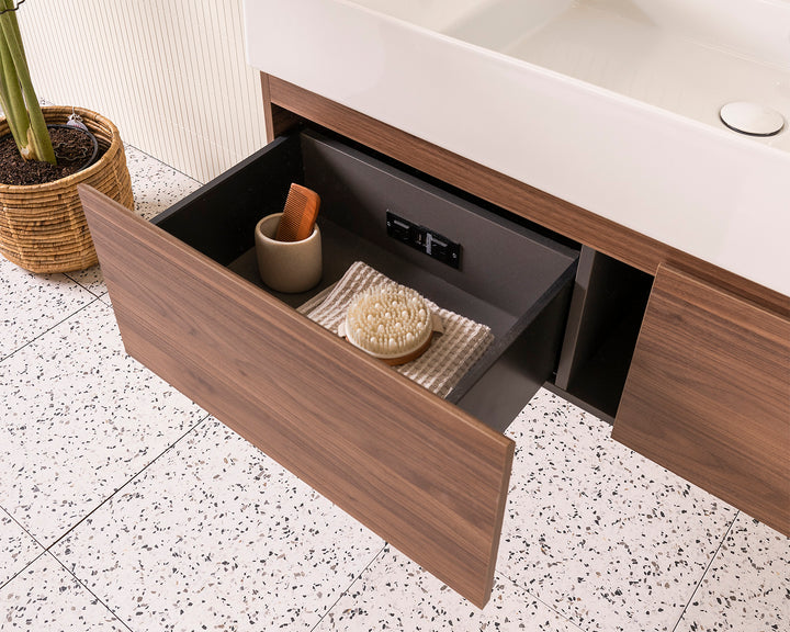 Capri Wall Hung Vanity - Capri 1200 Centre Bowl, Notaio Walnut cabinet finish