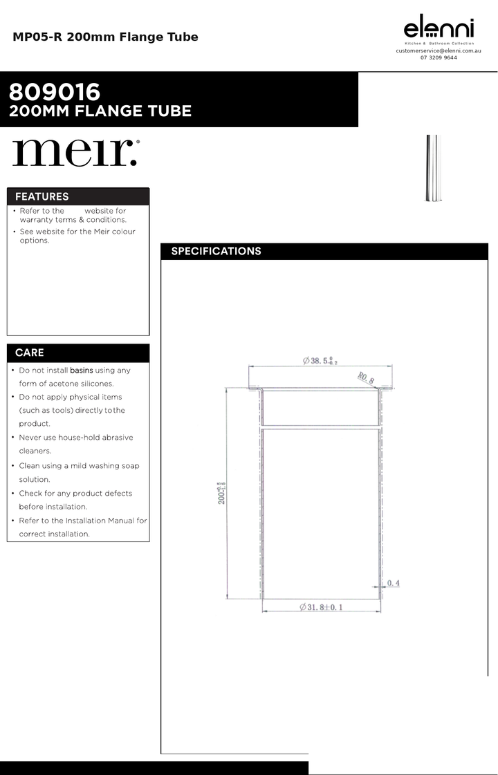 MP05-R 200mm Flange Tube — specification sheet (Elenni)