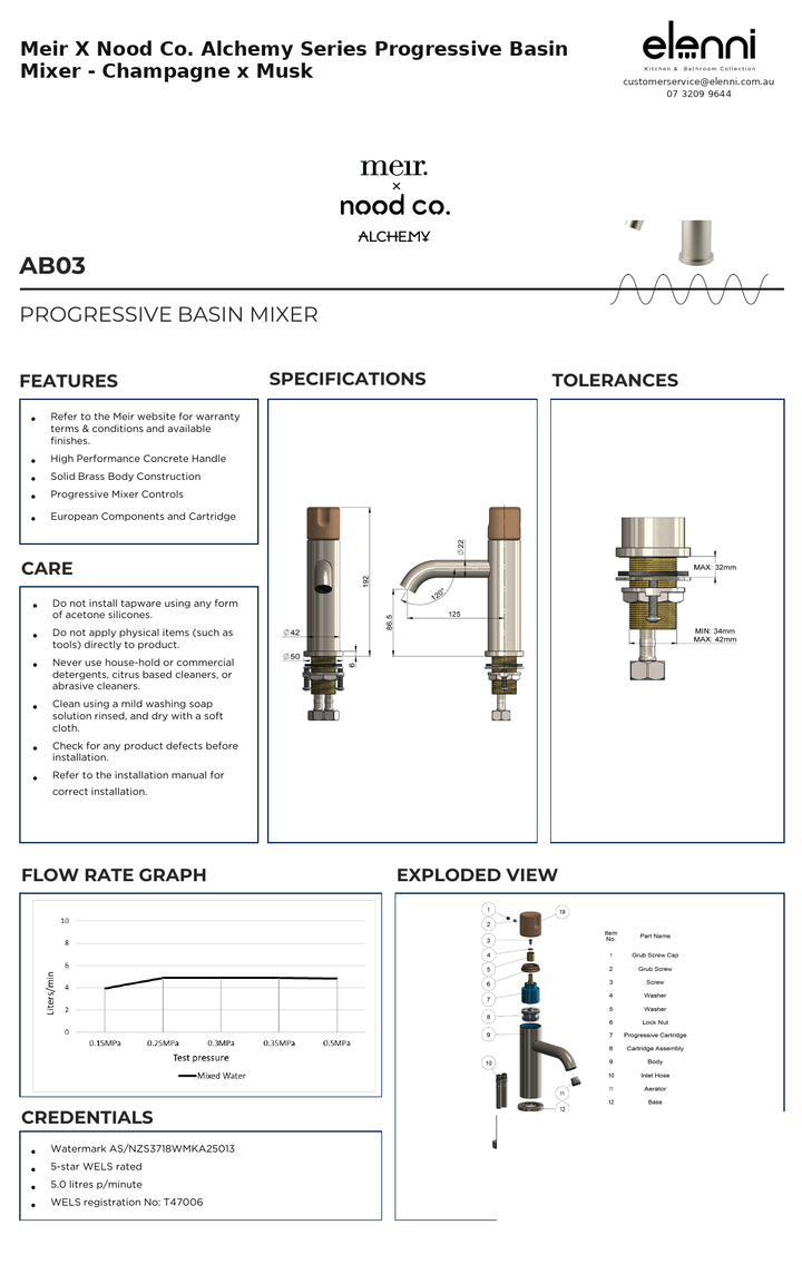Meir X Nood Co. Alchemy Series Progressive Basin Mixer - Champagne x Musk — specification sheet (Elenni)