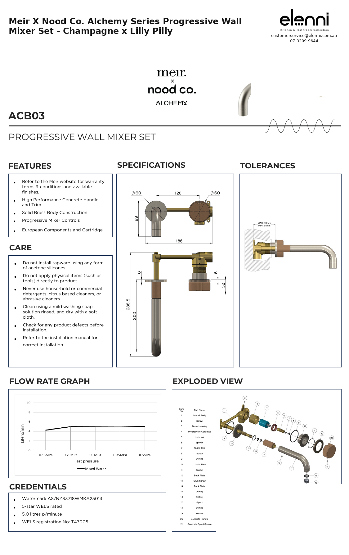 Meir X Nood Co. Alchemy Series Progressive Wall Mixer Set - Champagne x Lilly Pilly — specification sheet (Elenni)