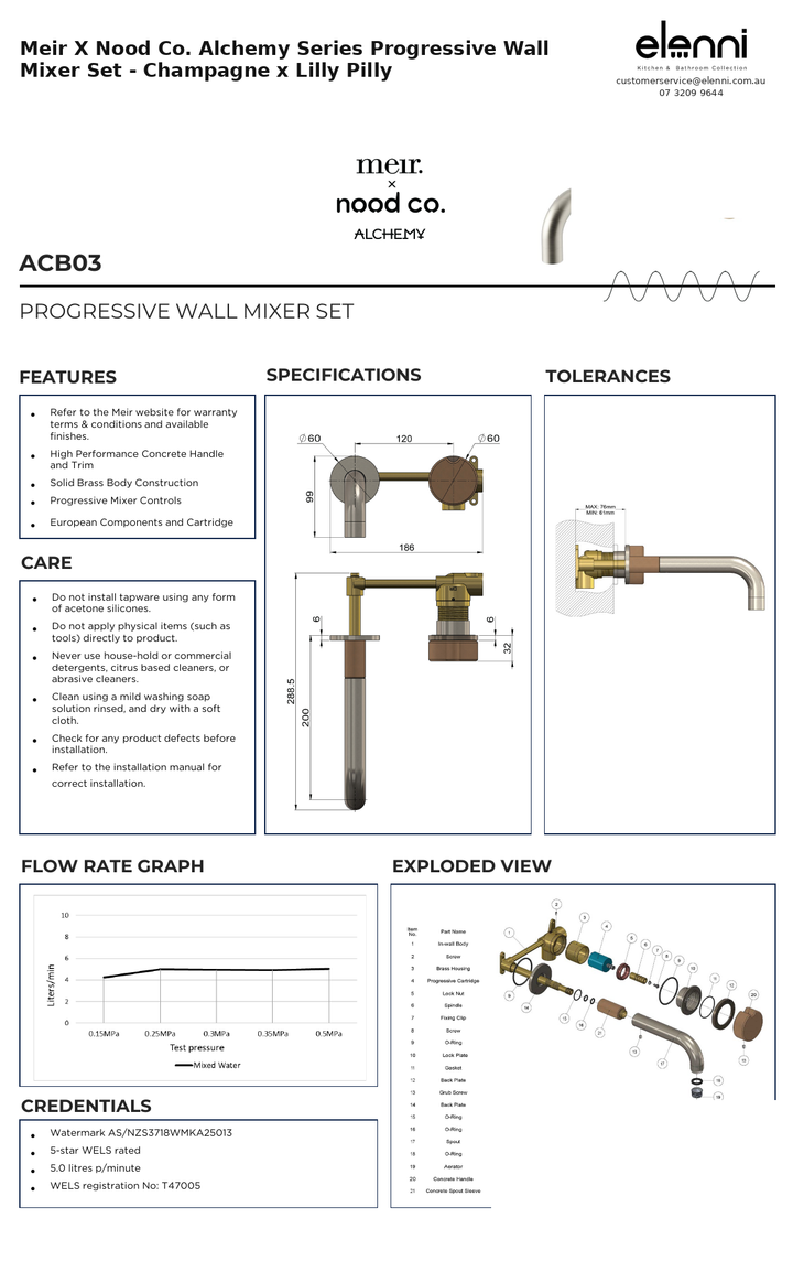 Meir X Nood Co. Alchemy Series Progressive Wall Mixer Set - Champagne x Lilly Pilly — specification sheet (Elenni)