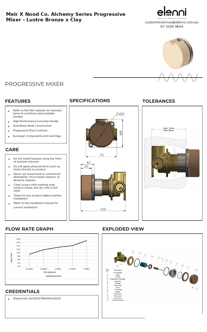 Elenni specification sheet - Meir X Nood Co. Alchemy Series Progressive Mixer - Lustre Bronze x Clay