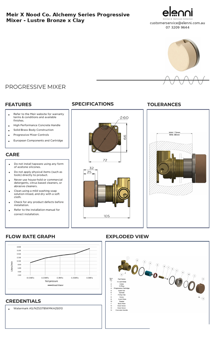 Elenni specification sheet - Meir X Nood Co. Alchemy Series Progressive Mixer - Lustre Bronze x Clay