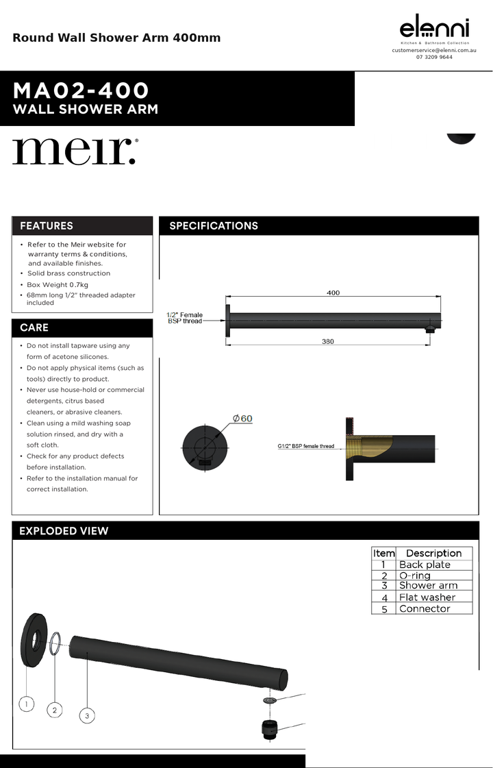Round Wall Shower Arm 400mm — specification sheet (Elenni)