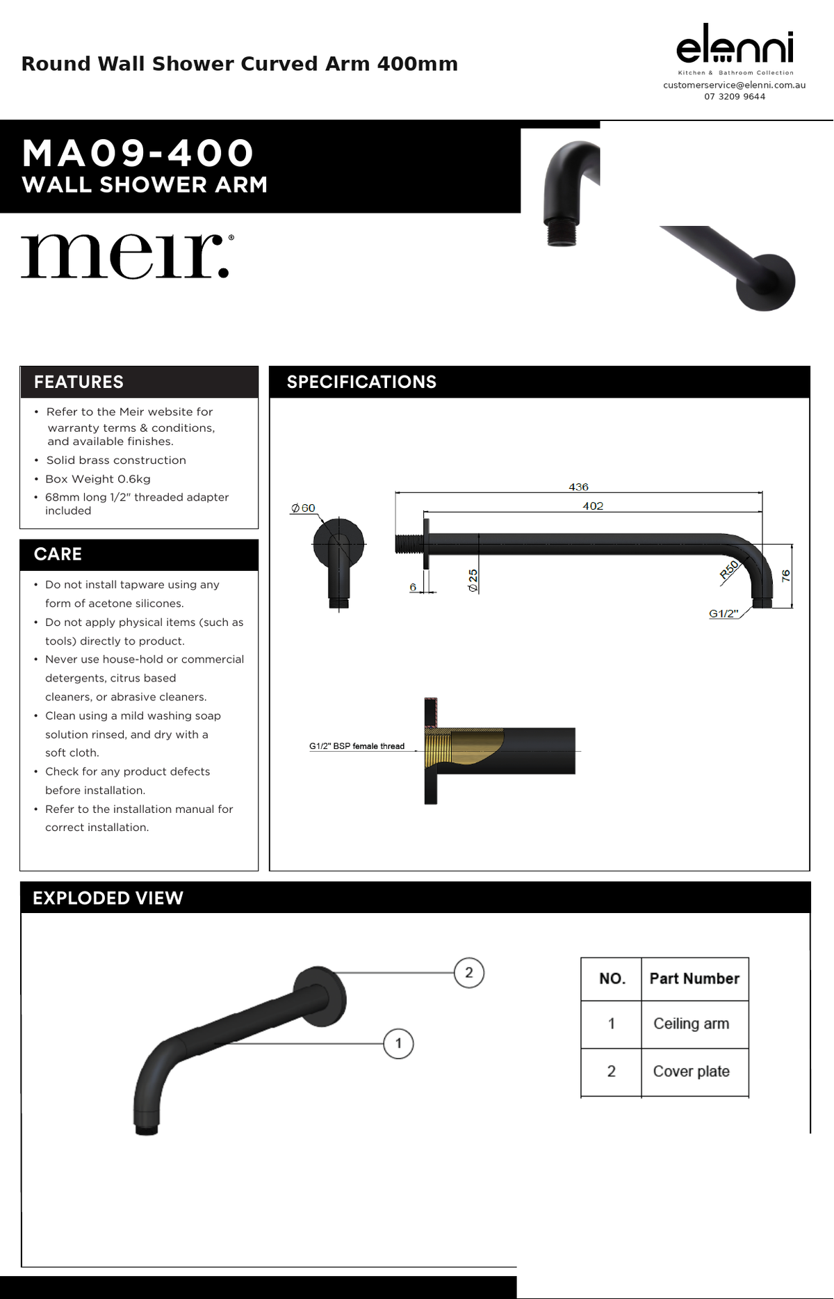 Round Wall Shower Curved Arm 400mm — specification sheet (Elenni)