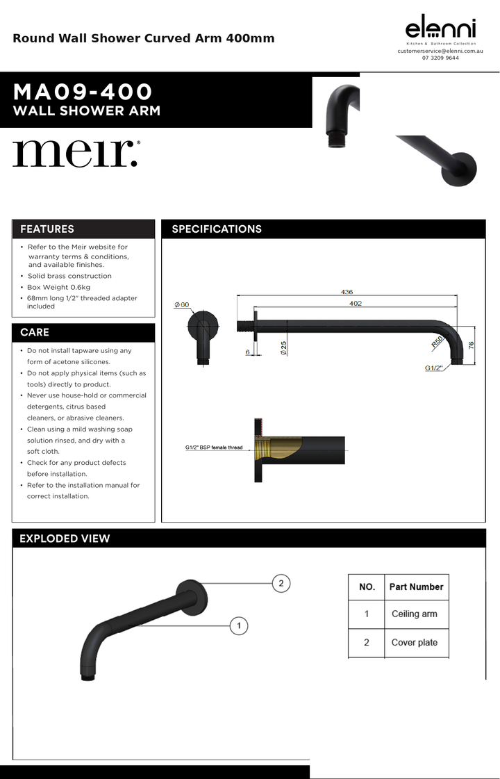 Round Wall Shower Curved Arm 400mm — specification sheet (Elenni)
