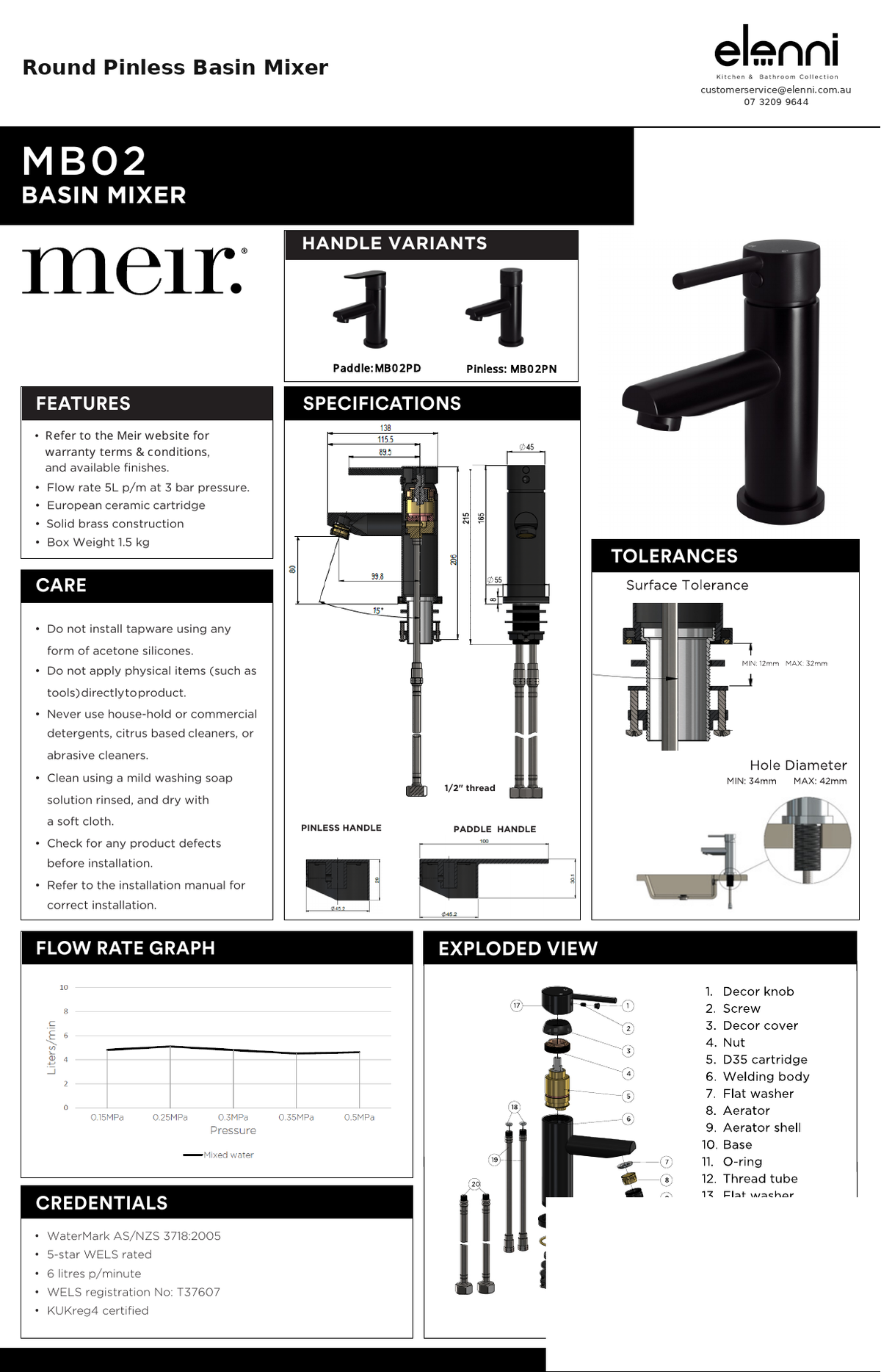 Round Pinless Basin Mixer — specification sheet (Elenni)