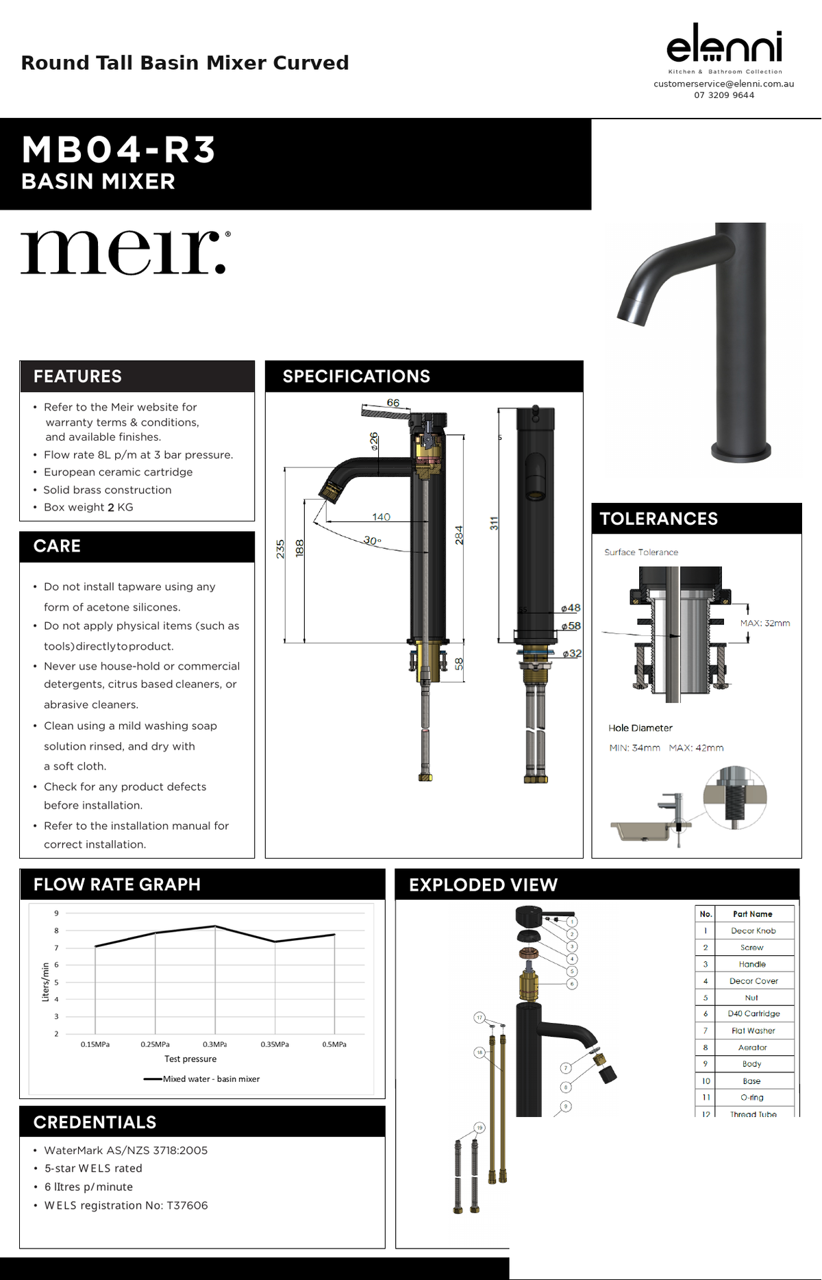 Round Tall Basin Mixer Curved — specification sheet (Elenni)