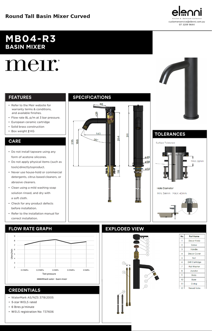 Round Tall Basin Mixer Curved — specification sheet (Elenni)