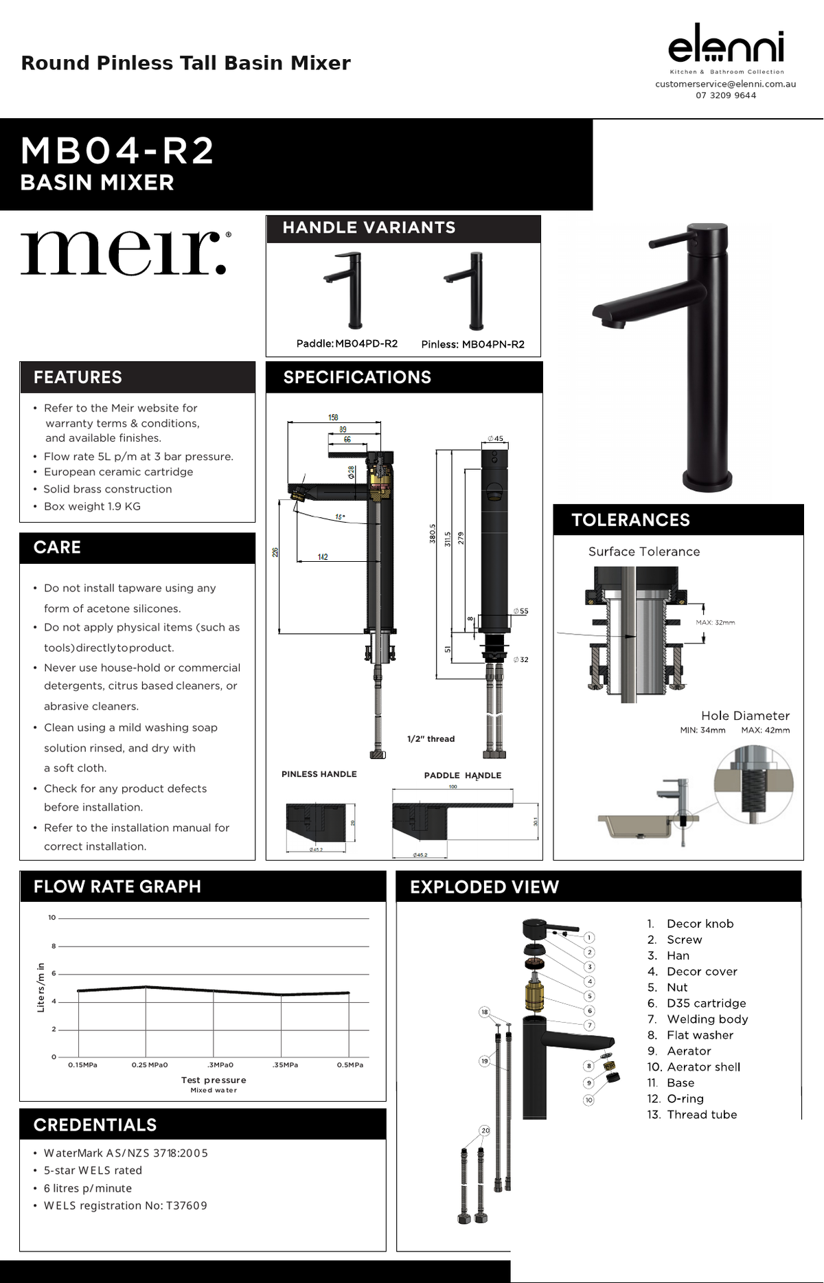 Round Pinless Tall Basin Mixer — specification sheet (Elenni)