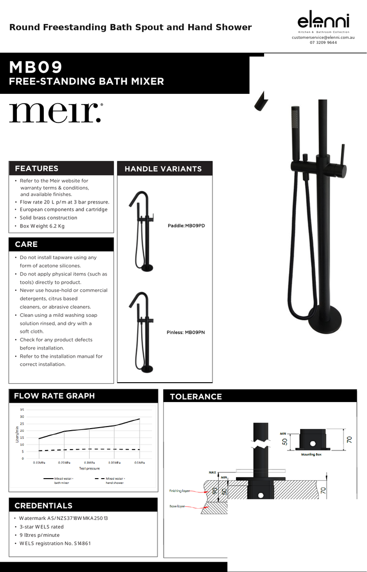 Round Freestanding Bath Spout and Hand Shower — specification sheet (Elenni)